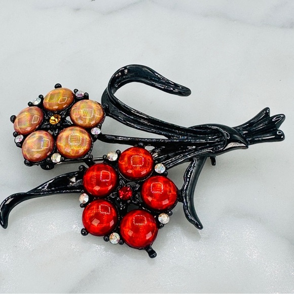 Retro Flower Brooch Pin with Red & Amber Holograph Gems Japanned Metal Statment - Picture 7 of 11